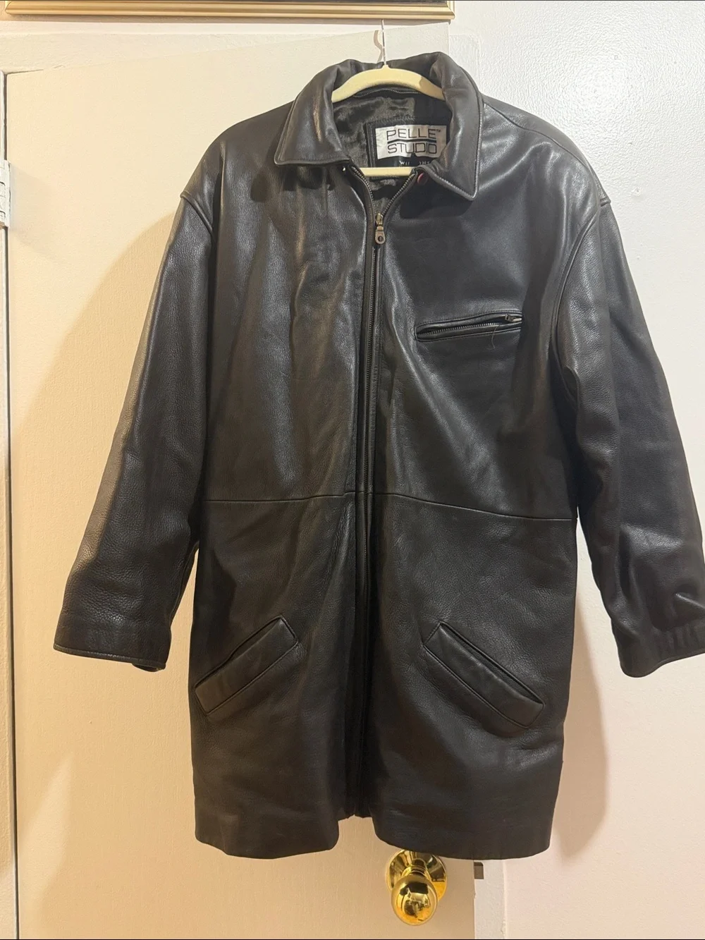 Pelle Studio Black Leather Pea Coat with Zip Chest Pocket. Belt is missing